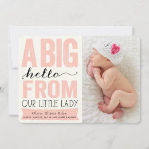 Grote hallo kleine dame baby meisje geboorteaankon aankondiging