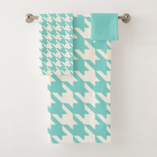 Grote Houndstooth Patroon Aqua Blauw en Wit Bad Handdoek