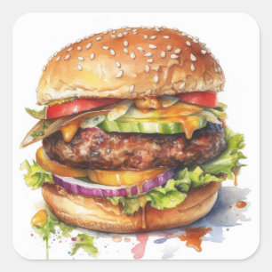 grote juicy hamburger - waterverf vierkante sticker