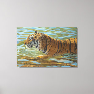 Grote kat-acrylverf in tijger zwemmen canvas afdruk