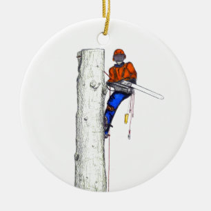 Grote kettingzaag nodig.Arborist Tree chirurg Keramisch Ornament