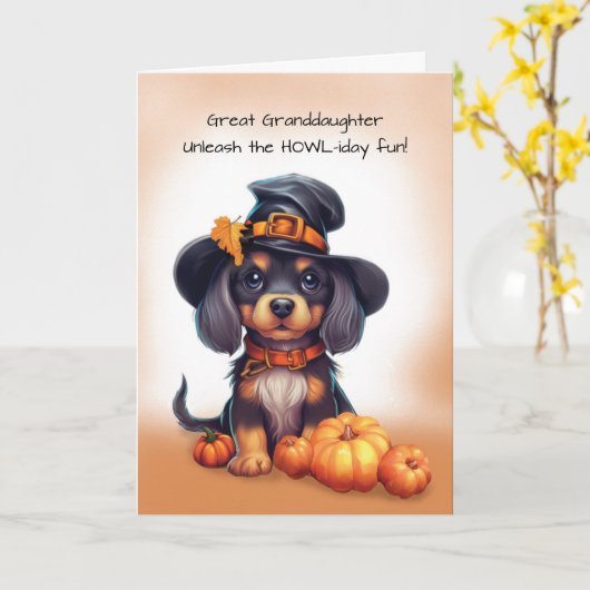 Grote kleindochter Halloween Schattige Black Dog P Kaart (Gele Bloem)