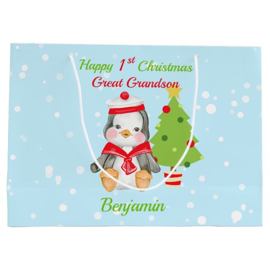 Grote kleinzoon Happy 1-Kerstmis Penguin Groot Cadeauzakje (Achterkant)