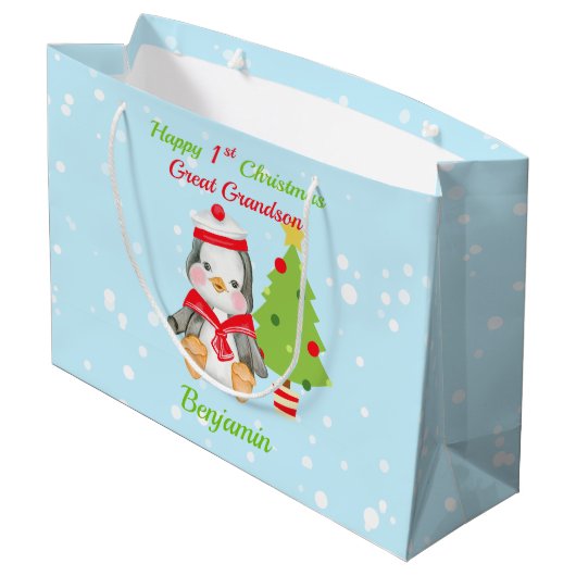 Grote kleinzoon Happy 1-Kerstmis Penguin Groot Cadeauzakje (Achterkant Gekanteld)
