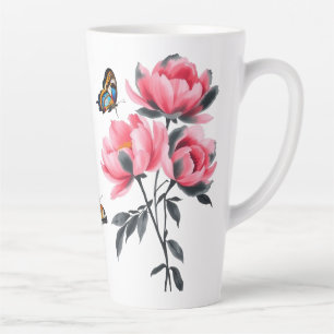 Grote Latte Mok - Roze pioenbloemen, vlinders