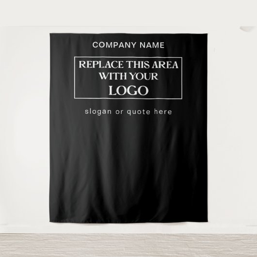 Grote Logo Bedrijfsnaam Slogan Black Achtergrond Wandkleed (Voorkant)