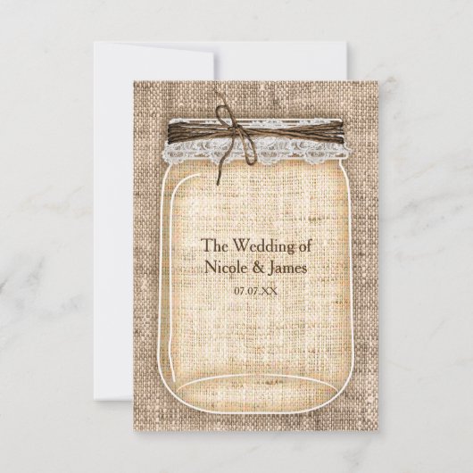 Grote Mason Jar & Burlap Kant Rustieke Bruiloft RS RSVP Kaartje (Achterkant)
