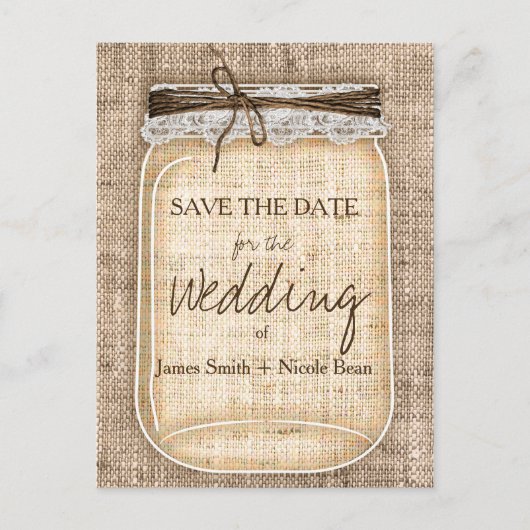 Grote Mason Jar & Burlap Lace Rustic Save the Date Aankondigingskaart (Voorkant)