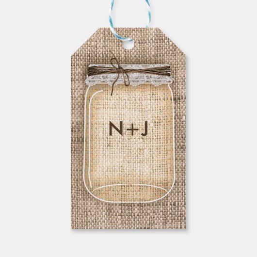 Grote Mason Jar met Burlap en Lace Rustic Wedding Cadeaulabel (Achterkant)