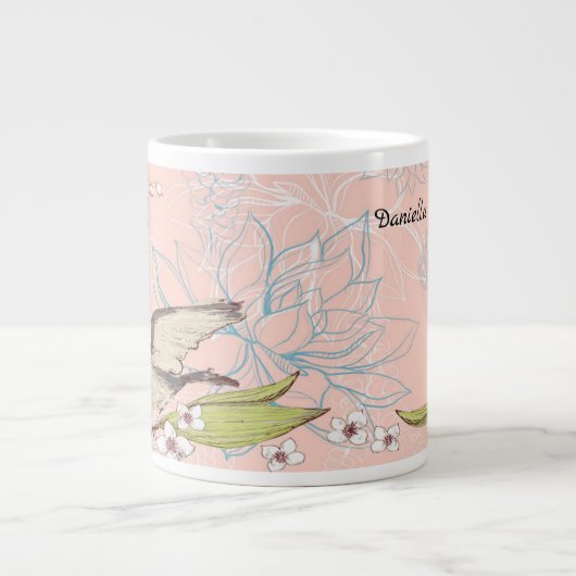 Grote Mok met een Peach Floral Background & Bird (Voorkant)