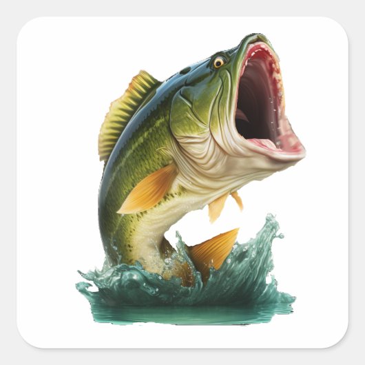 Grote Mouth Bass ontploft uit het water Vierkante Sticker (Voorkant)