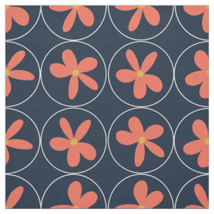 Grote Navy Koraal Bloem Tegeltjes Katoen Twill Stof