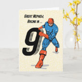 Grote neef 9e verjaardag superheld kaart (Gele Bloem)
