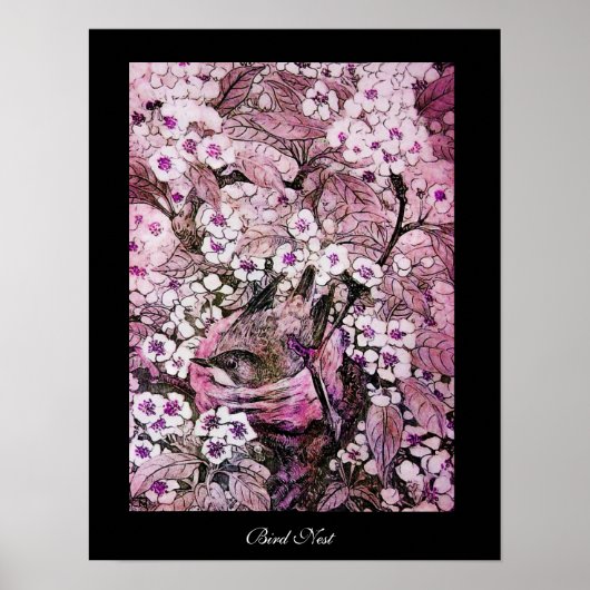 GROTE NEST, TREE PINK WHITE SPRING FLOWERS Black Poster (Voorkant)