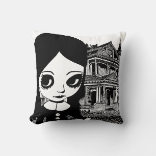 Grote ogen Goth-meisje Spookhuis Originele kunst Kussen