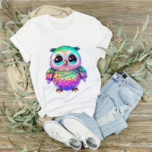 Grote ogen, witte gespikkelde, meerkleurige uil af t-shirt