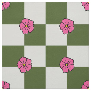 Grote Olijfgroene Roze Bloem Checkerboard Twill Stof