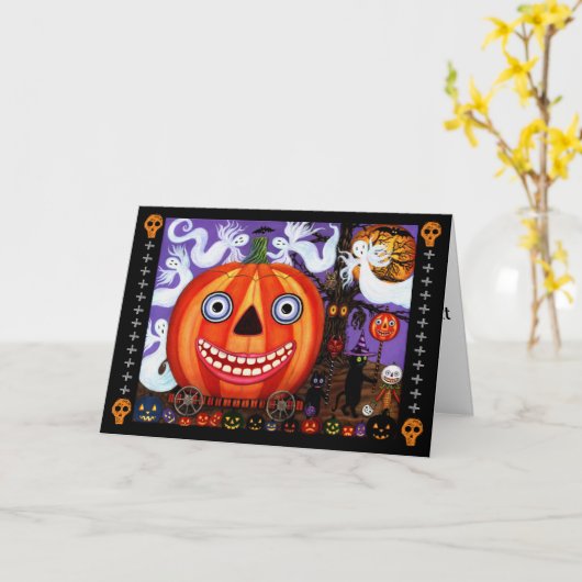 Grote Oog Grinnende Halloween Pompoen Zwarte Katte Kaart (Gele Bloem)