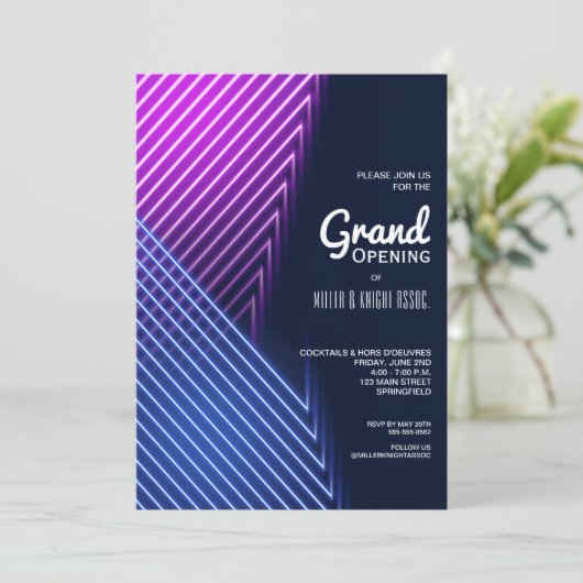 Grote opening Roze Paarse Neon Uitnodigingen (Staand voorkant)