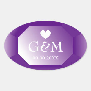 Grote paarse edelsteen monogram trouwfavoriet ovale sticker