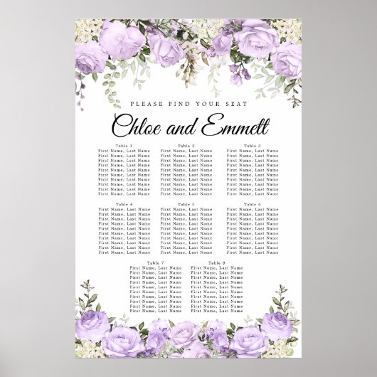 Grote Paarse Floral-8-tafel-bruiloft Poster (Voorkant)