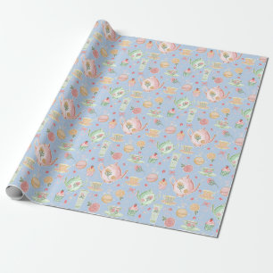 Grote Pastel Waterverf theepotten op blauw Cadeaupapier