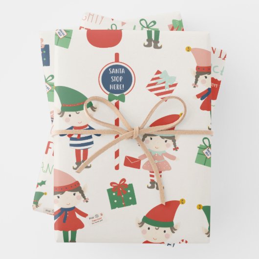 Grote Print Kerstman Elfen Patroon Kerstmis Inpakpapier Vel (In situ)