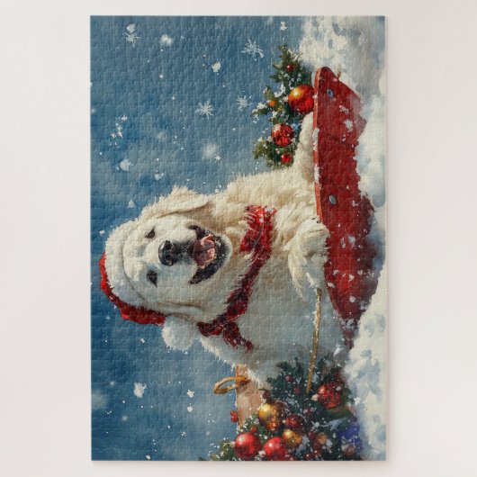Grote Pyreneeën Hond in Sledge Laat het Sneeuw Ker Legpuzzel (Verticaal)