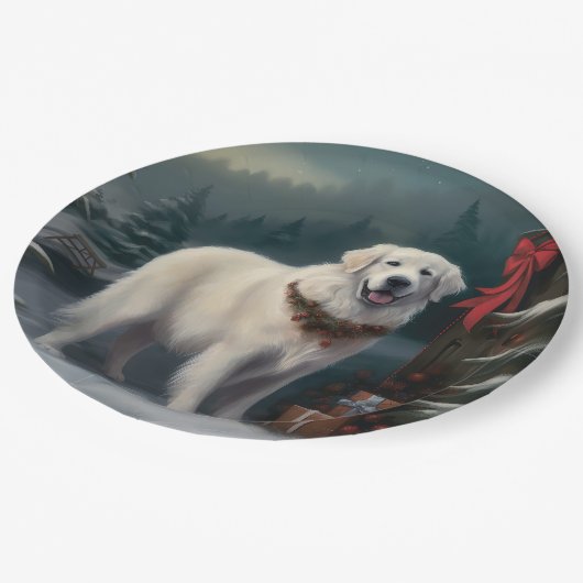 Grote Pyreneeën Hond in Sneeuw Kerstmis Papieren Bordje (Gekanteld)