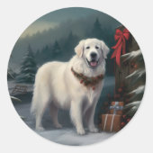 Grote Pyreneeën Hond in Sneeuw Kerstmis Ronde Sticker (Voorkant)