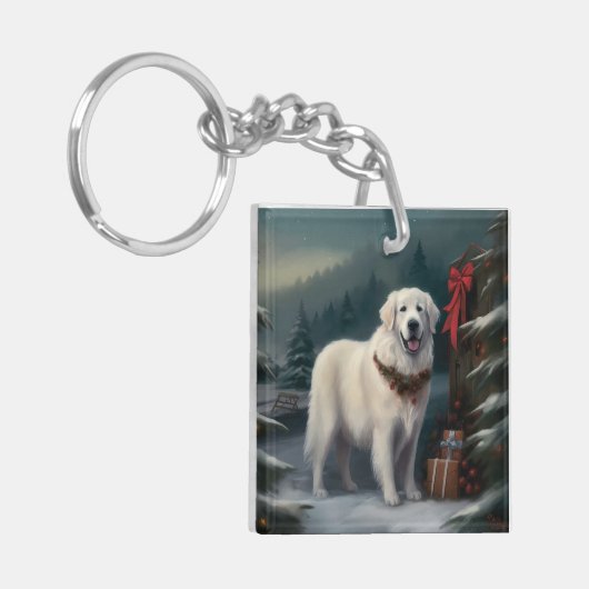 Grote Pyreneeën Hond in Sneeuw Kerstmis Sleutelhanger (Voorkant Links)