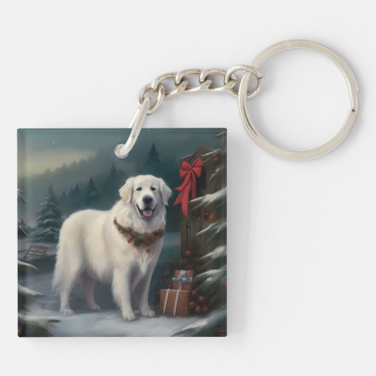 Grote Pyreneeën Hond in Sneeuw Kerstmis Sleutelhanger (Achterkant)