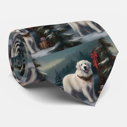 Grote Pyreneeën Hond in Sneeuw Kerstmis Stropdas (Opgerold)