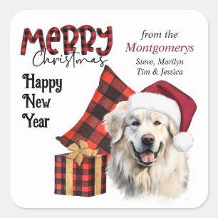 Grote Pyreneeën hond met Buffalo Plaid Kerstman Ho Vierkante Sticker