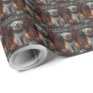 Grote Pyreneeën Hond Met Kerstcadeaus Open Haard Cadeaupapier