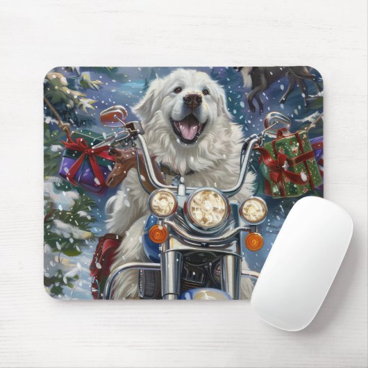 Grote Pyreneeën Hond Rijden Motorfiets Kerstmis Muismat (Met muis)