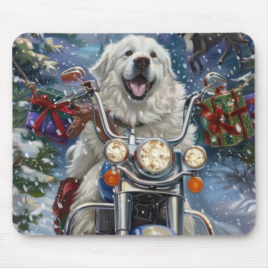 Grote Pyreneeën Hond Rijden Motorfiets Kerstmis Muismat (Voorkant)