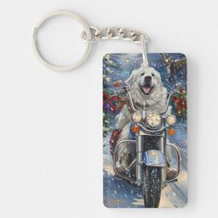 Grote Pyreneeën Hond Rijden Motorfiets Kerstmis Sleutelhanger
