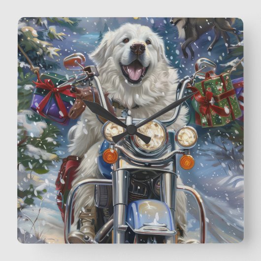 Grote Pyreneeën Hond Rijden Motorfiets Kerstmis Vierkante Klok (Voorkant)