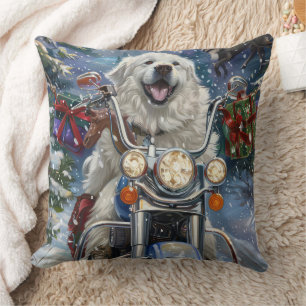 Grote Pyreneeën Hond Rijdt op Motorfiets Kerstmis Kussen