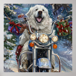 Grote Pyreneeën Hond Rijdt op Motorfiets Kerstmis Poster