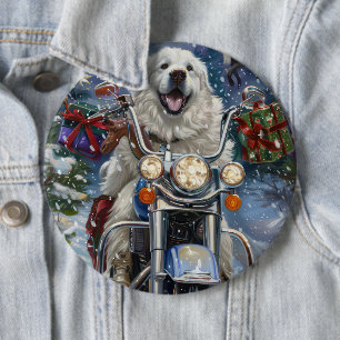 Grote Pyreneeën Hond Rijdt op Motorfiets Kerstmis Ronde Button 6,0 Cm