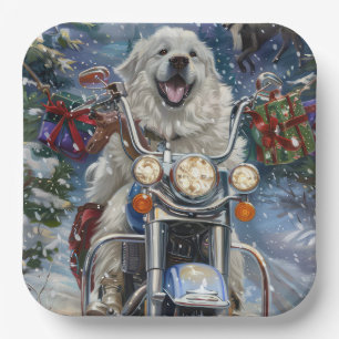 Grote Pyreneeën Hond rijdt op motorfiets met Kerst Papieren Bordje