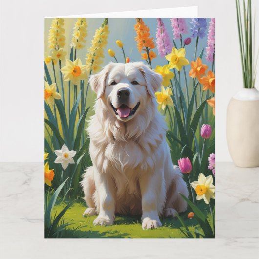 Grote Pyreneeën Hond Spring Bloemen Schilderen Kaart (Voorkant)