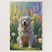 Grote Pyreneeën Hond Spring Bloemen Schilderen Legpuzzel (Verticaal)