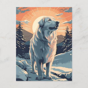 Grote pyreneeën in het besneeuwde bos tijdens zons briefkaart