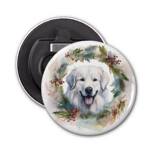 Grote Pyreneeën Kerstkrans Feestelijke Pup Button Flesopener (Voorkant)