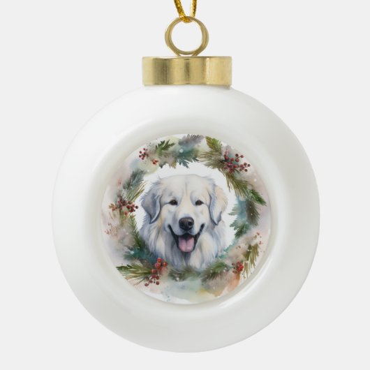 Grote Pyreneeën Kerstkrans Feestelijke Pup Keramische Bal Ornament (Voorkant)
