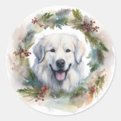 Grote Pyreneeën Kerstkrans Feestelijke Pup Ronde Sticker (Voorkant)