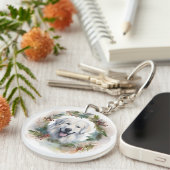 Grote Pyreneeën Kerstkrans Feestelijke Pup Sleutelhanger (Voorkant Rechts)